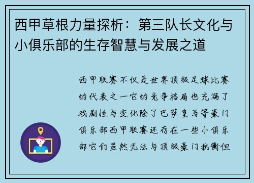 西甲草根力量探析：第三队长文化与小俱乐部的生存智慧与发展之道