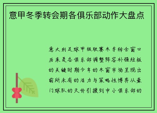 意甲冬季转会期各俱乐部动作大盘点